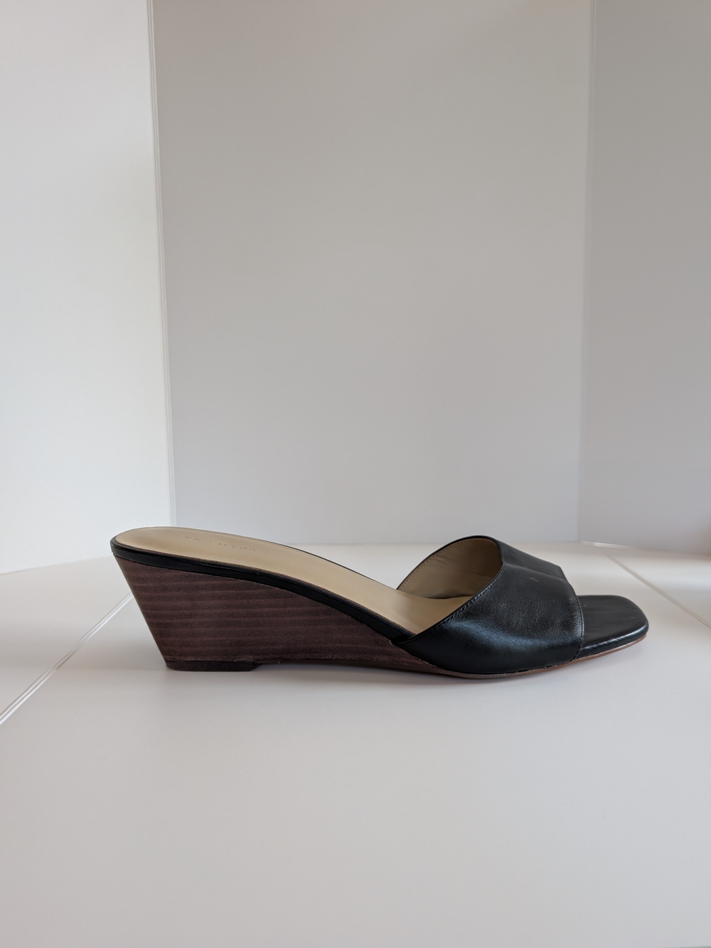 Ann Taylor Black Leather Open-Toe Wedge Slide - Size 9.5